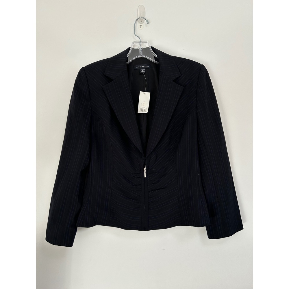 Banana Republic Navy Black Pinstripe Zipper Front Tailored Blazer Jacket Sz 8
